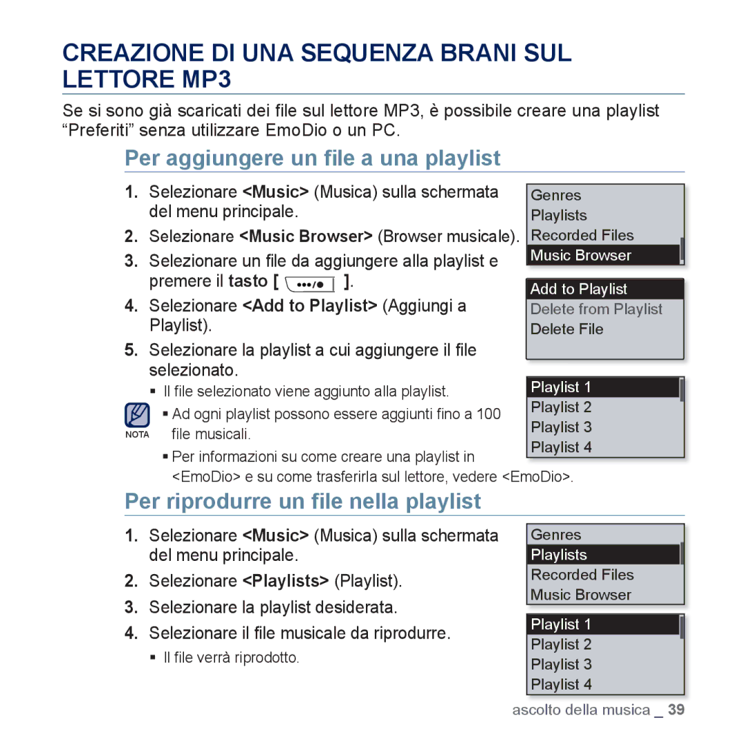 Samsung YP-U5JAL/EDC, YP-U5JAP/EDC Creazione DI UNA Sequenza Brani SUL Lettore MP3, Per aggiungere un ﬁle a una playlist 