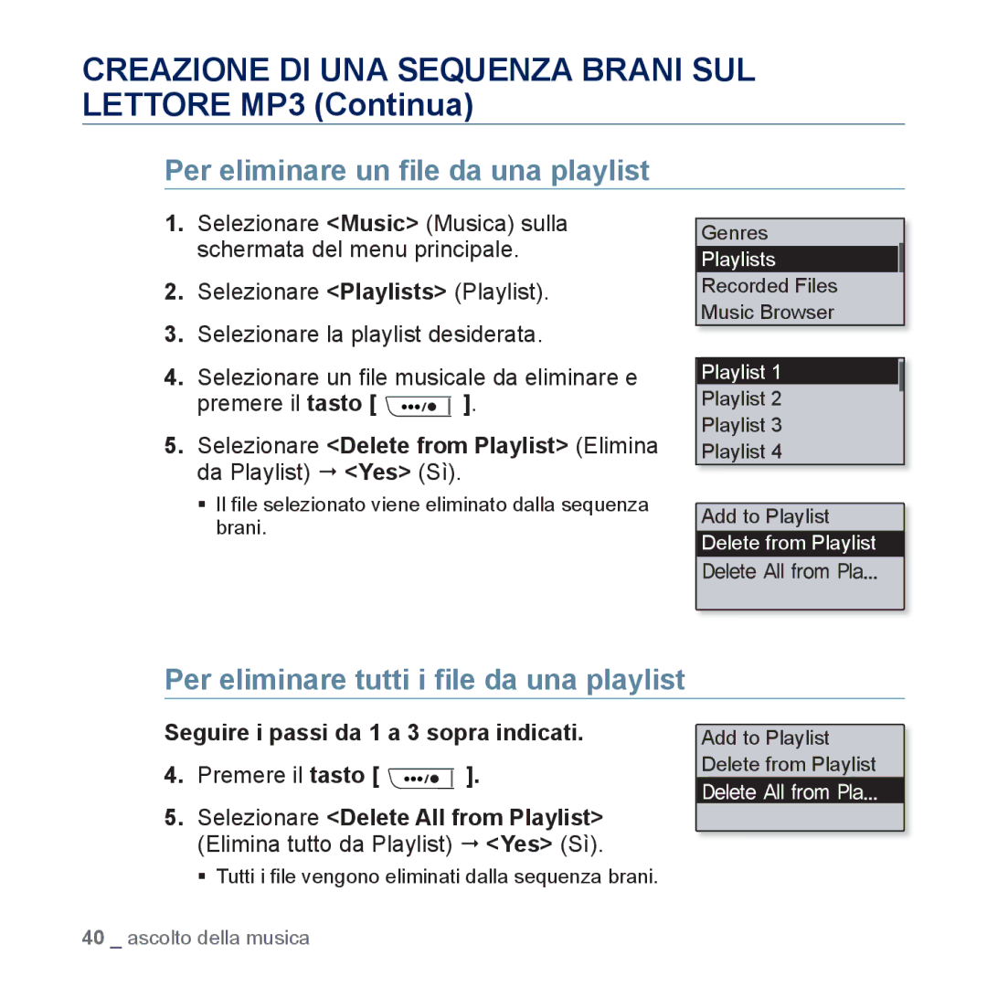 Samsung YP-U5JQWH/EDC manual Creazione DI UNA Sequenza Brani SUL Lettore MP3 Continua, Per eliminare un ﬁle da una playlist 