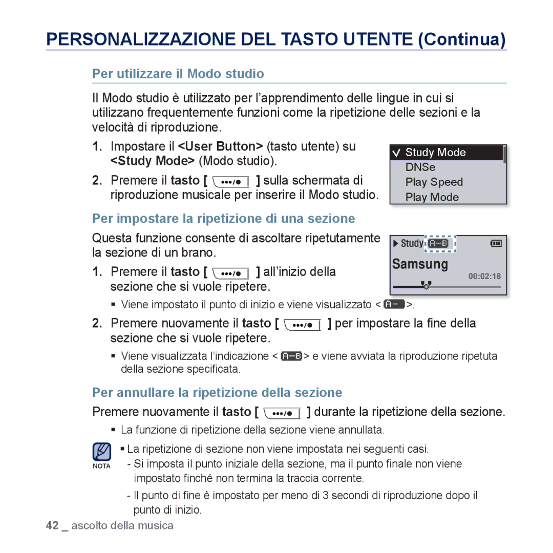 Samsung YP-U5JAP/EDC, YP-U5JQB/EDC Personalizzazione DEL Tasto Utente Continua, Per utilizzare il Modo studio, Samsung 