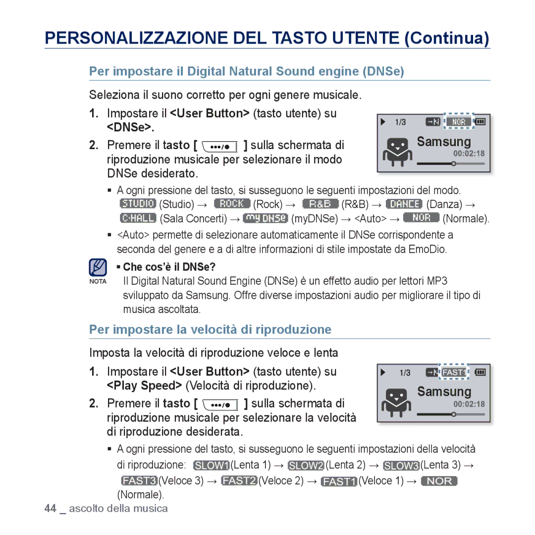 Samsung YP-U5JAB/EDC, YP-U5JAP/EDC, YP-U5JQB/EDC, YP-U5JAW/EDC manual Per impostare il Digital Natural Sound engine DNSe 