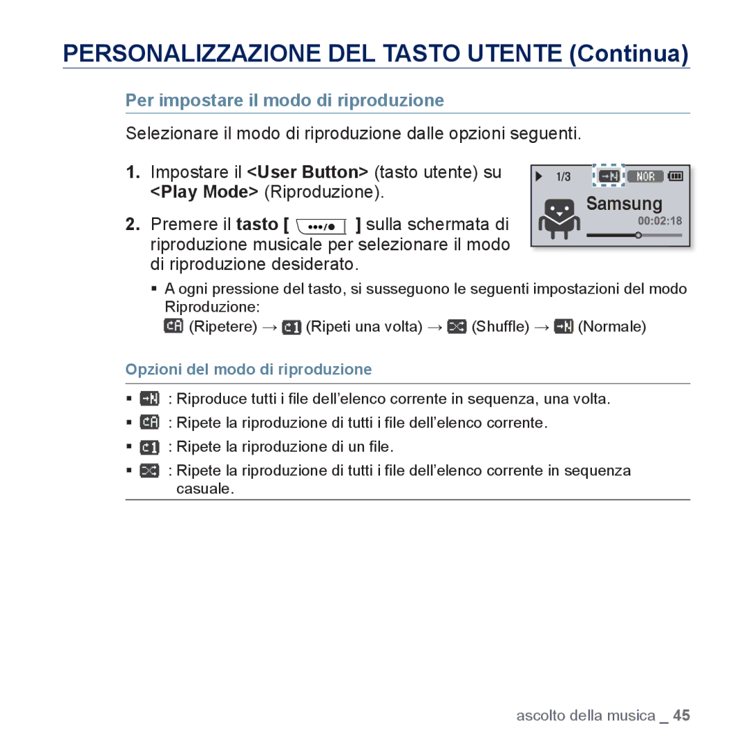 Samsung YP-U5JAW/EDC, YP-U5JAP/EDC, YP-U5JQB/EDC Per impostare il modo di riproduzione, Opzioni del modo di riproduzione 