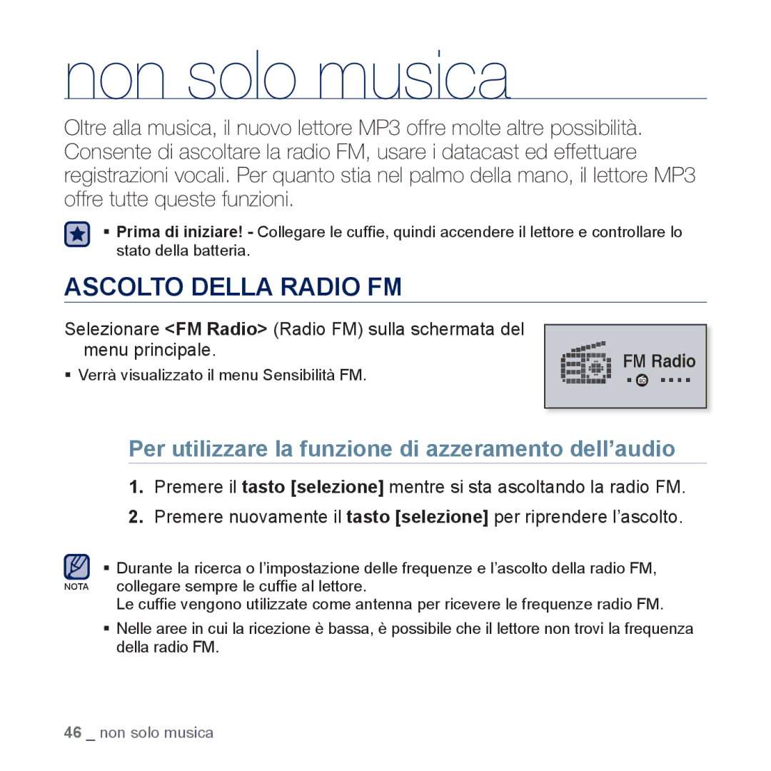 Samsung YP-U5JAL/EDC, YP-U5JAP/EDC Ascolto Della Radio FM, Per utilizzare la funzione di azzeramento dell’audio, FM Radio 