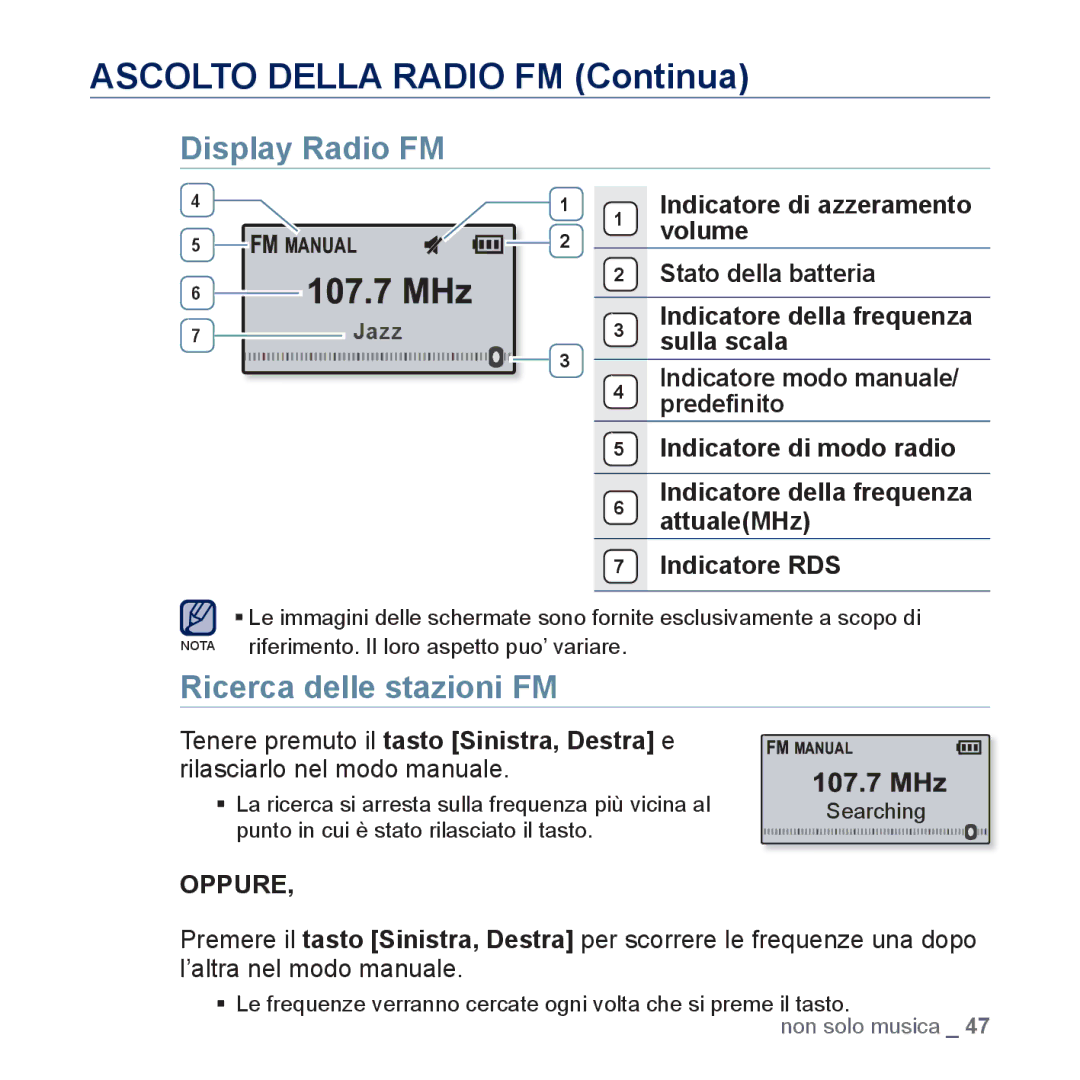 Samsung YP-U5JQWH/EDC, YP-U5JAP/EDC manual Ascolto Della Radio FM Continua, Display Radio FM, Ricerca delle stazioni FM 