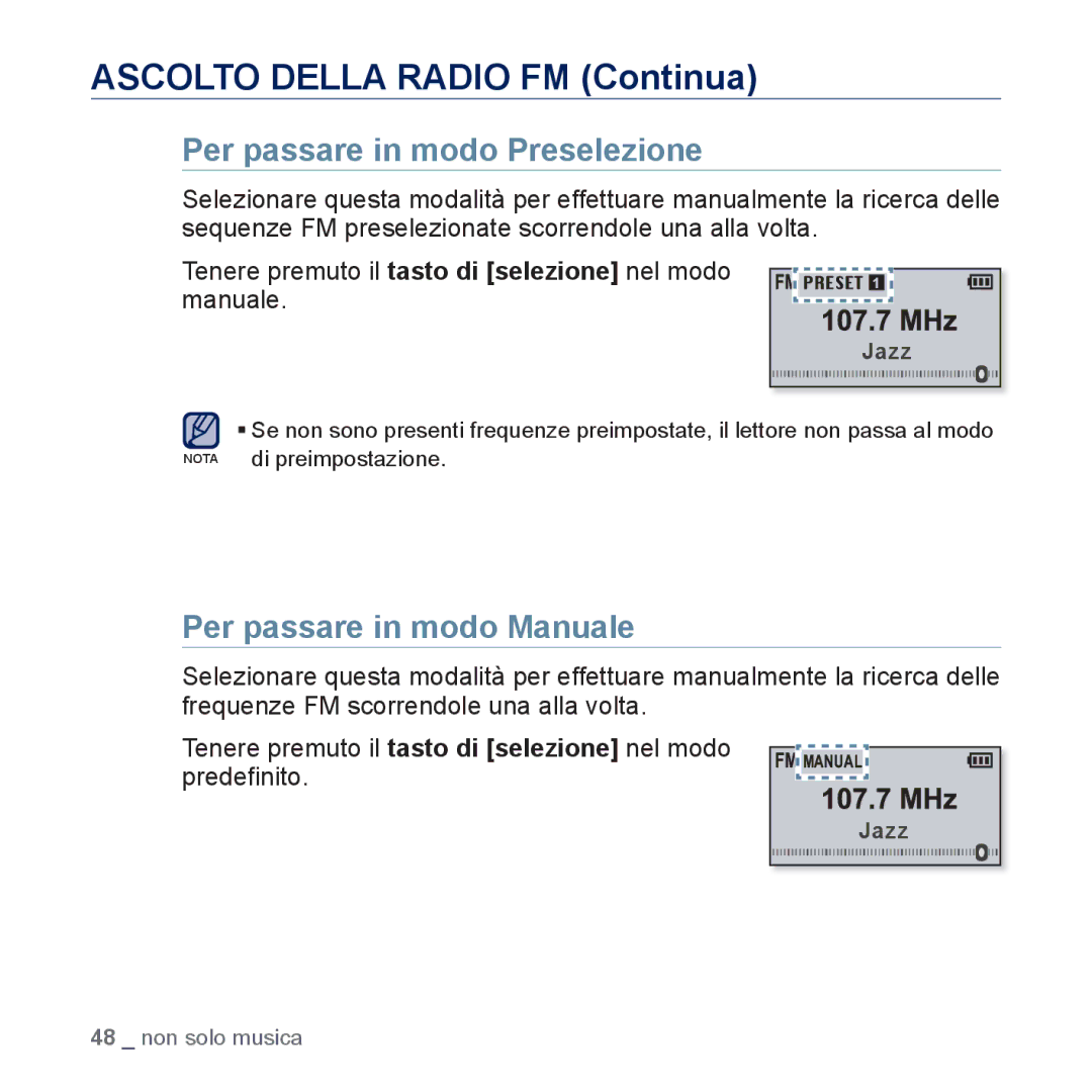 Samsung YP-U5JAR/EDC, YP-U5JAP/EDC, YP-U5JQB/EDC, YP-U5JAB/EDC Per passare in modo Preselezione, Per passare in modo Manuale 