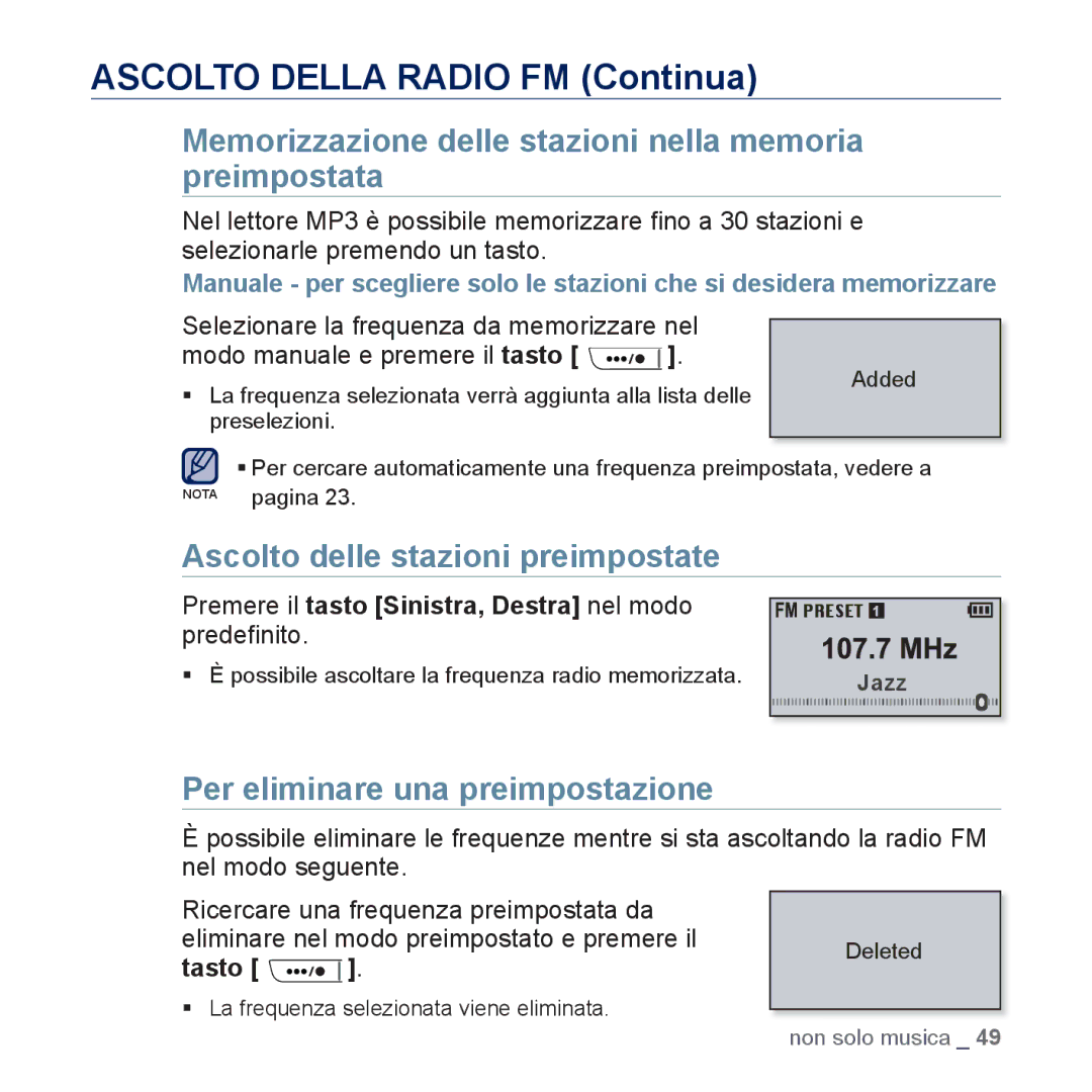 Samsung YP-U5JAP/EDC Memorizzazione delle stazioni nella memoria preimpostata, Ascolto delle stazioni preimpostate, Tasto 