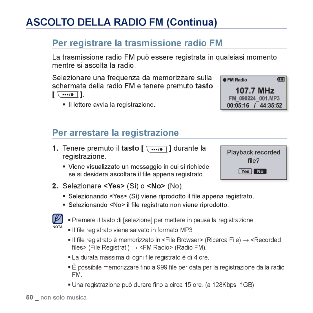 Samsung YP-U5JQB/EDC Per registrare la trasmissione radio FM, Per arrestare la registrazione, Selezionare Yes Sì o No No 