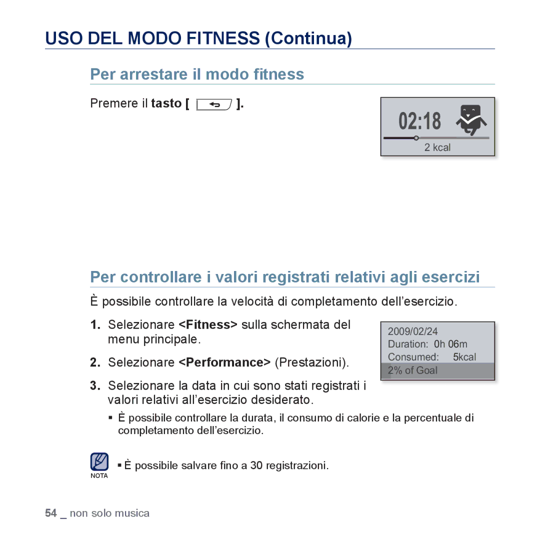 Samsung YP-U5JQWH/EDC manual Per arrestare il modo ﬁtness, Per controllare i valori registrati relativi agli esercizi 