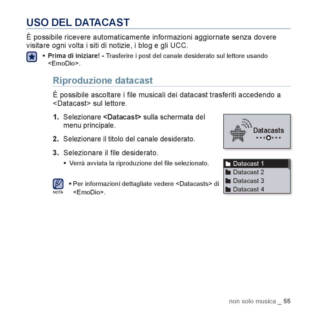 Samsung YP-U5JAR/EDC, YP-U5JAP/EDC, YP-U5JQB/EDC, YP-U5JAB/EDC manual USO DEL Datacast, Riproduzione datacast, Datacasts 