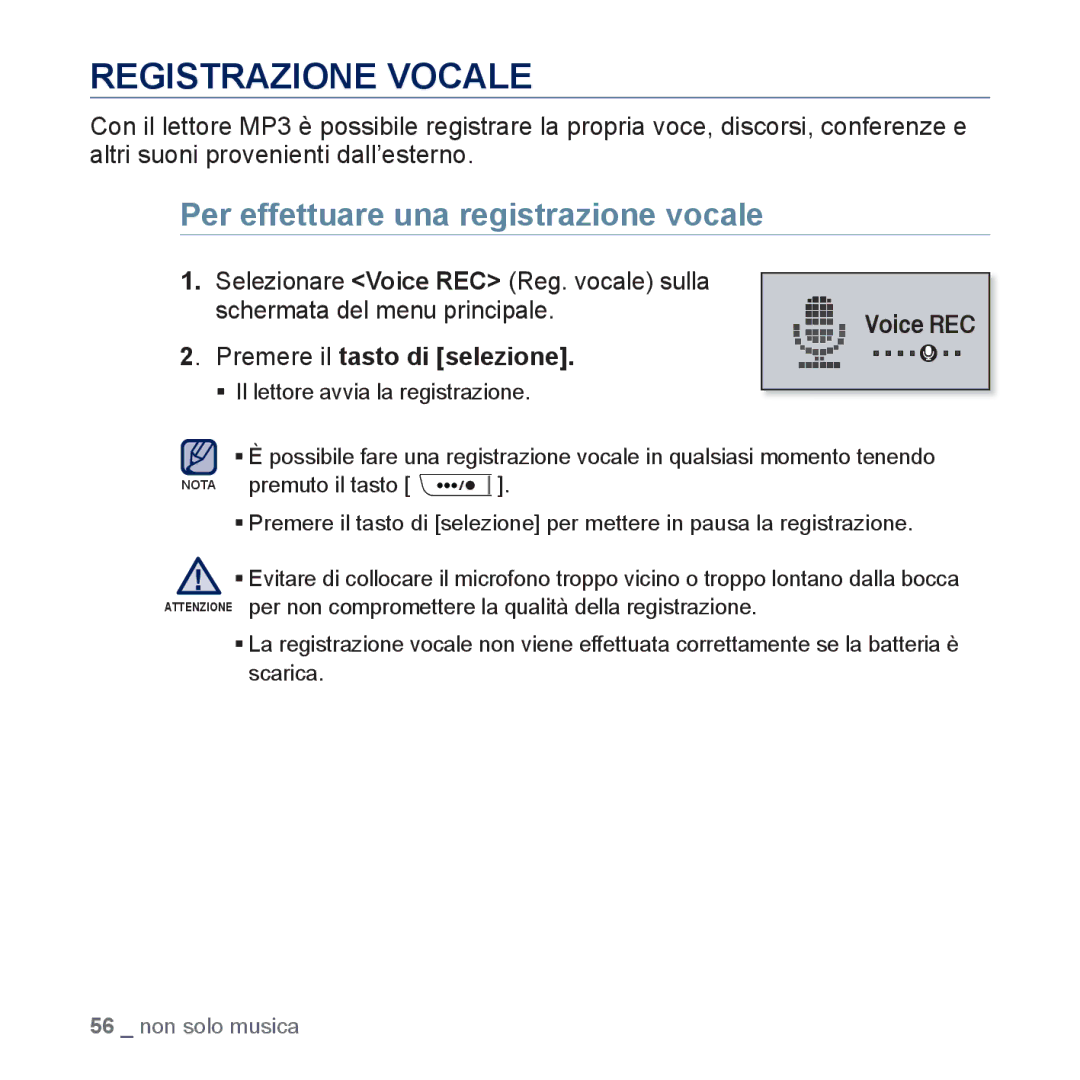 Samsung YP-U5JAP/EDC, YP-U5JQB/EDC, YP-U5JAB/EDC Registrazione Vocale, Per effettuare una registrazione vocale, Voice REC 