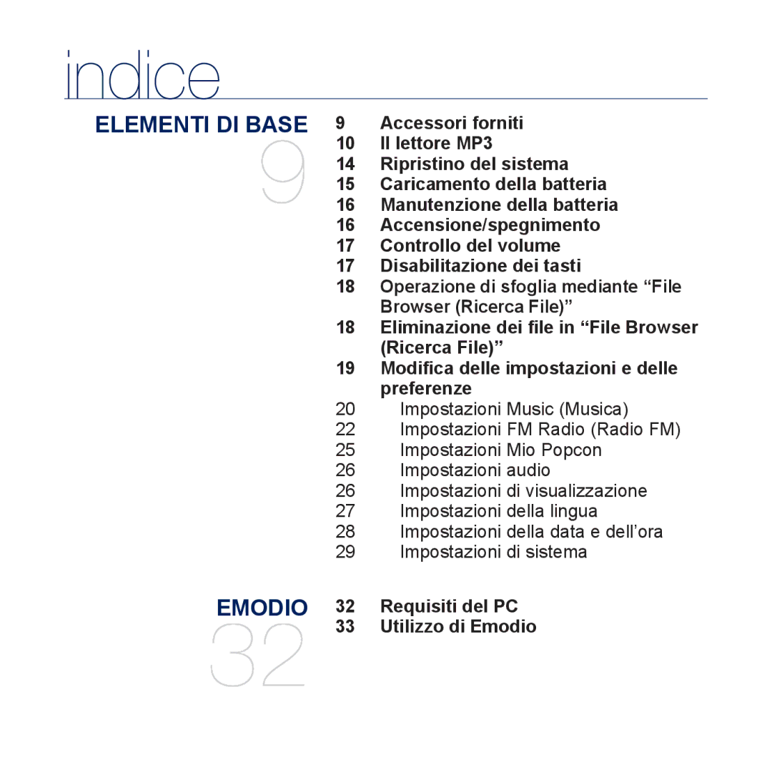 Samsung YP-U5JAR/EDC Accessori forniti, Il lettore MP3, Ripristino del sistema, Caricamento della batteria, Ricerca File 