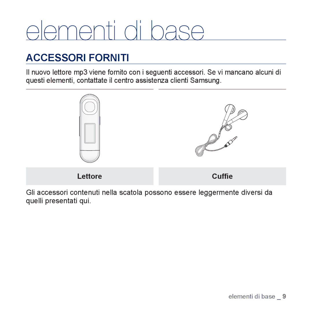 Samsung YP-U5JAB/EDC, YP-U5JAP/EDC, YP-U5JQB/EDC, YP-U5JAW/EDC, YP-U5JAL/EDC, YP-U5JQWH/EDC manual Accessori Forniti, Lettore 