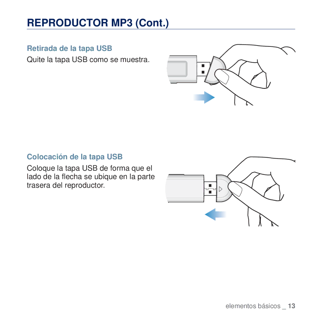 Samsung YP-U5JAR/XEE, YP-U5JAP/EDC Retirada de la tapa USB, Quite la tapa USB como se muestra, Colocación de la tapa USB 