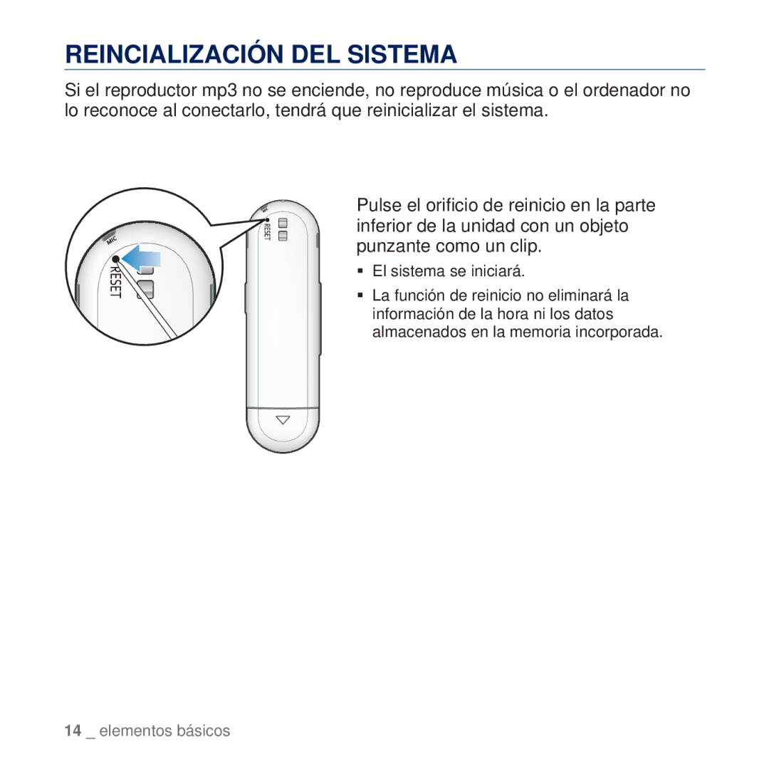 Samsung YP-U5JAW/XEE, YP-U5JAP/EDC, YP-U5JQB/EDC, YP-U5JAB/EDC, YP-U5JAW/EDC, YP-U5JAL/EDC manual Reincialización DEL Sistema 