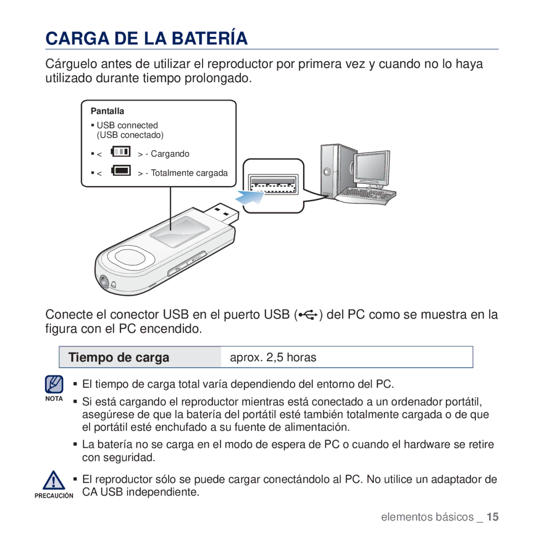 Samsung YP-U5JQW/XEE, YP-U5JAP/EDC, YP-U5JQB/EDC, YP-U5JAB/EDC manual Carga DE LA Batería, Tiempo de carga aprox ,5 horas 