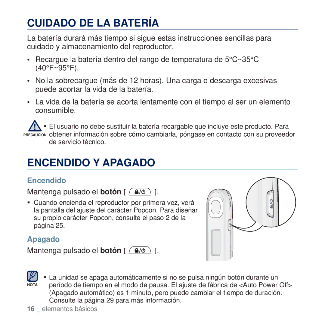 Samsung YP-U5JAP/EDC, YP-U5JQB/EDC, YP-U5JAB/EDC manual Cuidado DE LA Batería, Encendido Y Apagado, Mantenga pulsado el botón 