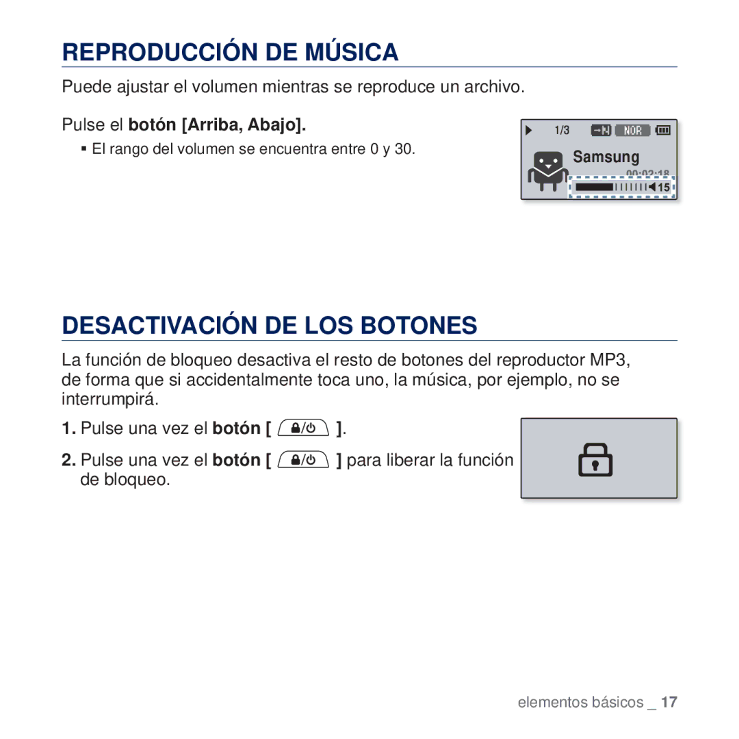 Samsung YP-U5JQB/EDC, YP-U5JAP/EDC manual Reproducción DE Música, Desactivación DE LOS Botones, Pulse el botón Arriba, Abajo 