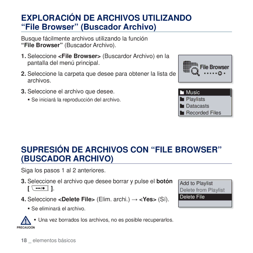 Samsung YP-U5JAB/EDC Supresión DE Archivos CON File Browser Buscador Archivo, Archivos Seleccione el archivo que desee 