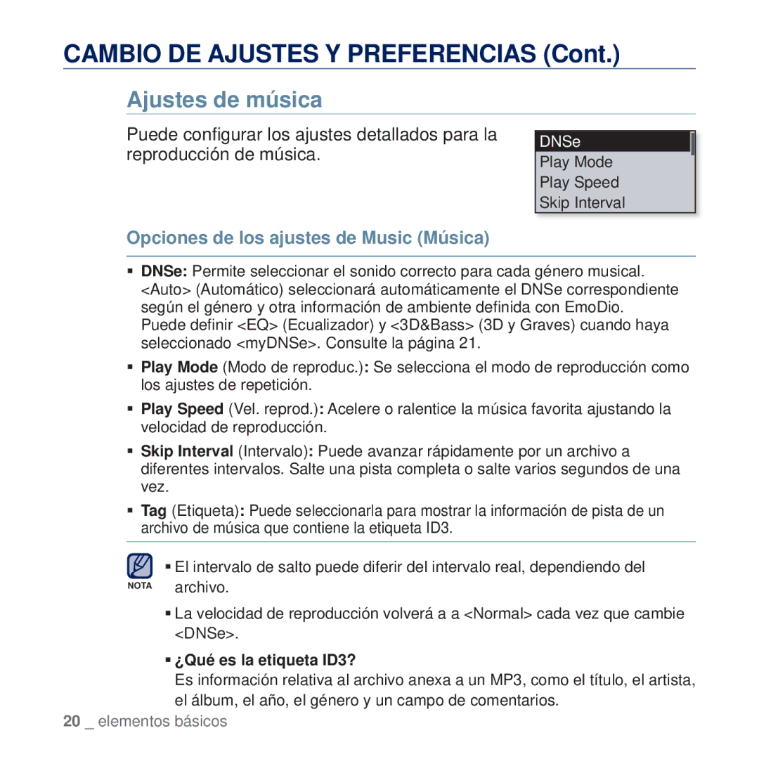 Samsung YP-U5JAL/EDC manual Cambio DE Ajustes Y Preferencias, Ajustes de música, Opciones de los ajustes de Music Música 