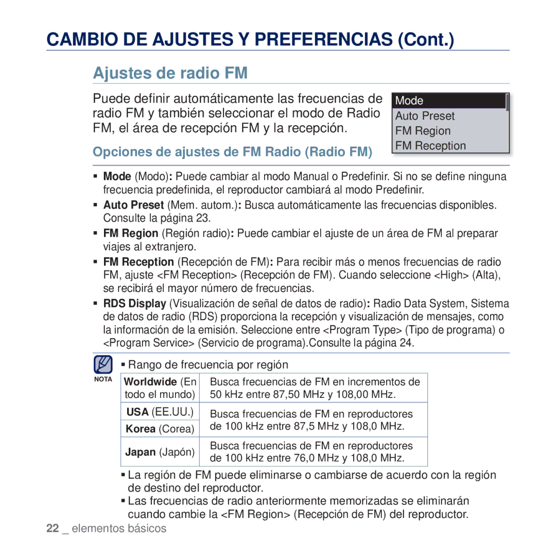 Samsung YP-U5JQR/XEE, YP-U5JAP/EDC, YP-U5JQB/EDC, YP-U5JAB/EDC Ajustes de radio FM, Opciones de ajustes de FM Radio Radio FM 