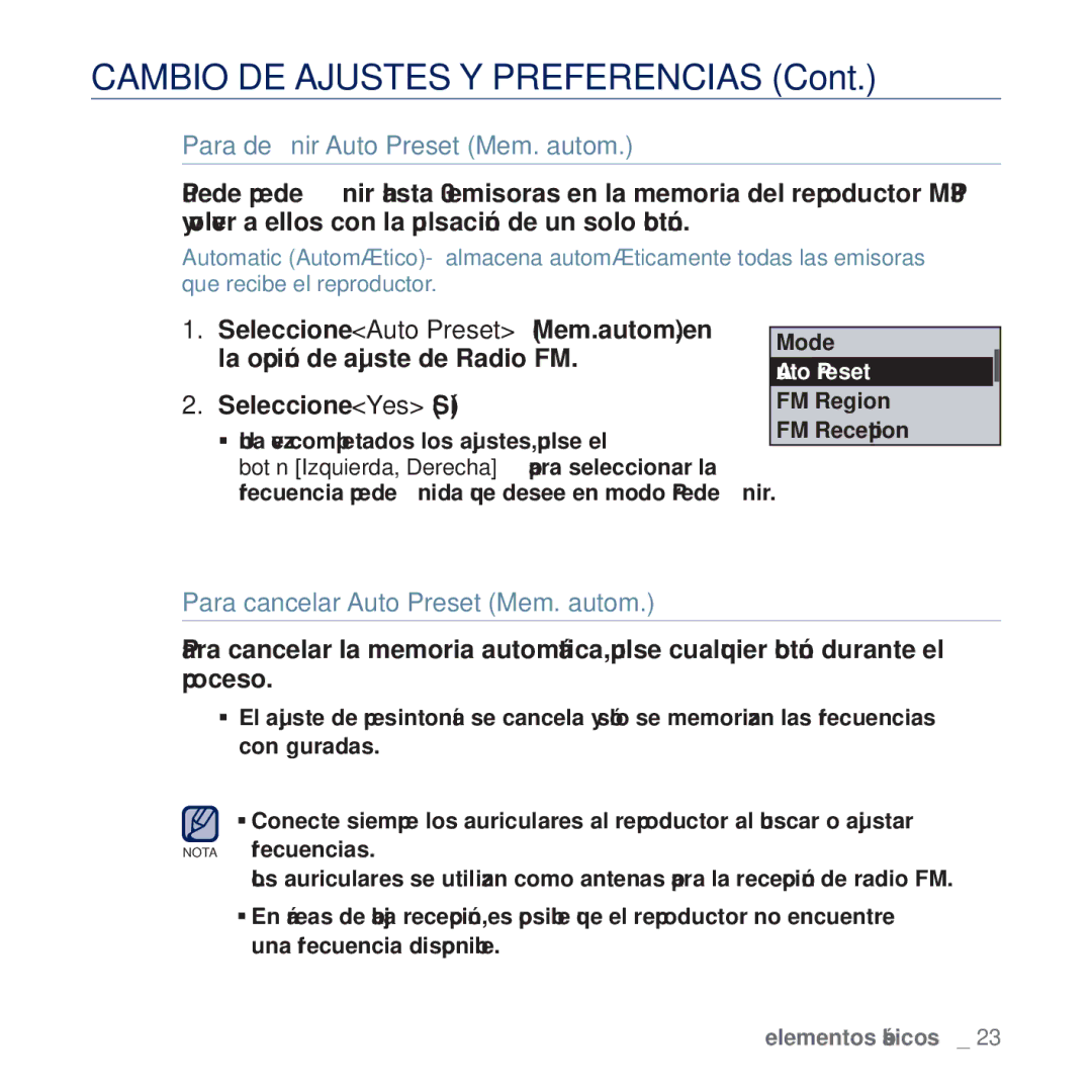 Samsung YP-U5JQL/XEE manual Para deﬁnir Auto Preset Mem. autom, Seleccione Auto Preset Mem. autom. en, Seleccione Yes Sí 