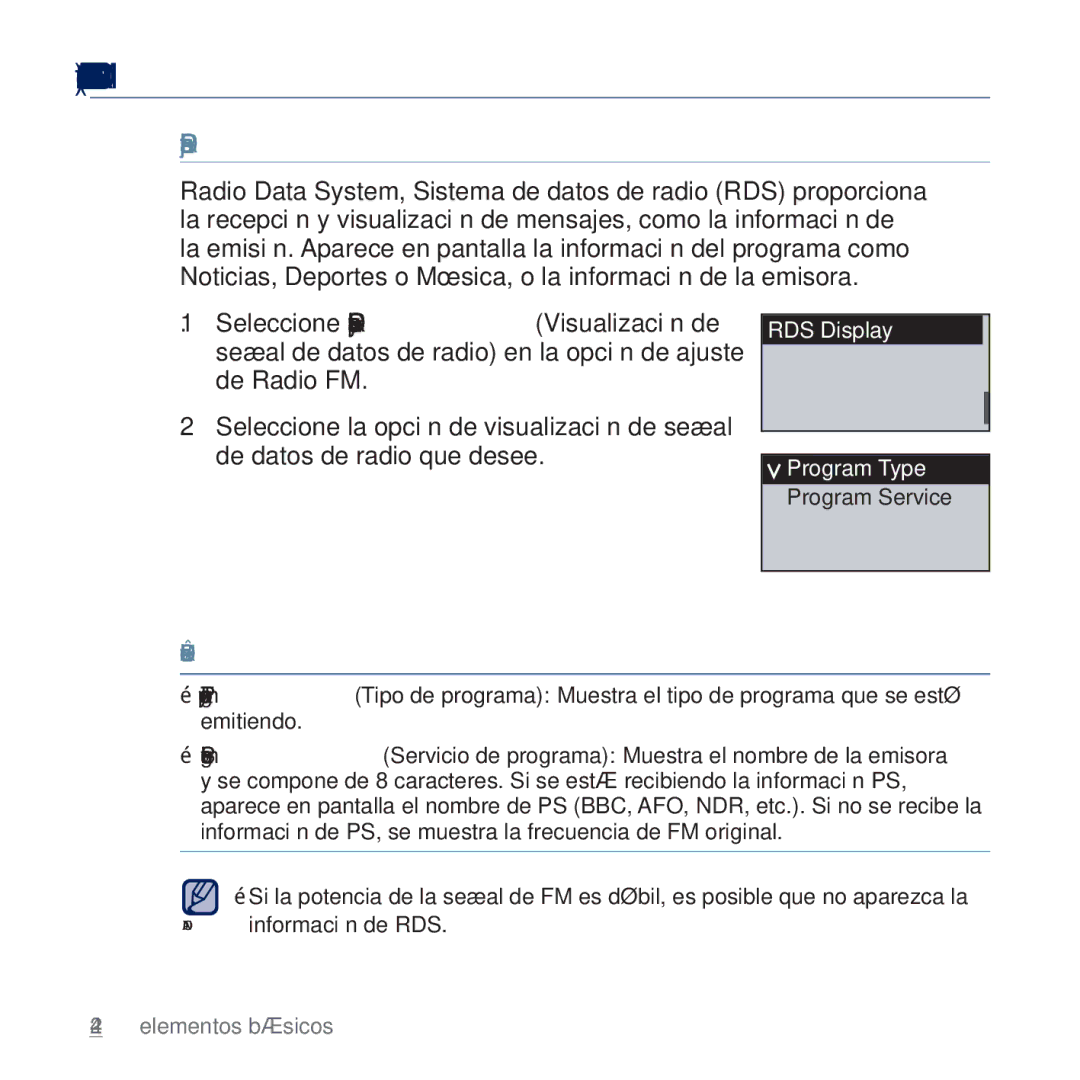 Samsung YP-U5JQB/XEE, YP-U5JAP/EDC, YP-U5JQB/EDC, YP-U5JAB/EDC manual Para ajustar la pantalla RDS, Lista de visualización RDS 