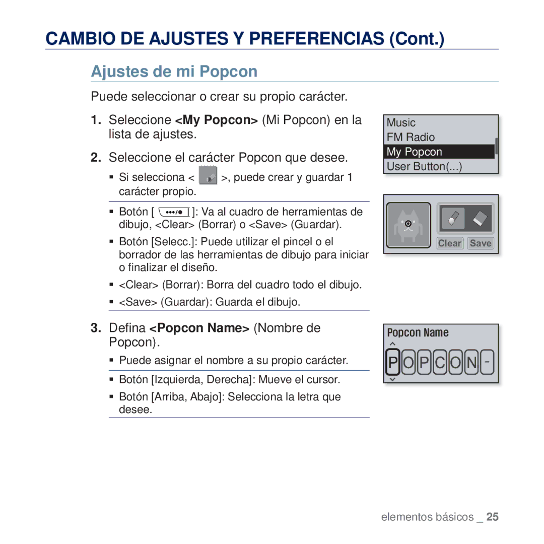 Samsung YP-U5JAP/XEE, YP-U5JAP/EDC, YP-U5JQB/EDC, YP-U5JAB/EDC manual Ajustes de mi Popcon, Deﬁna Popcon Name Nombre de Popcon 