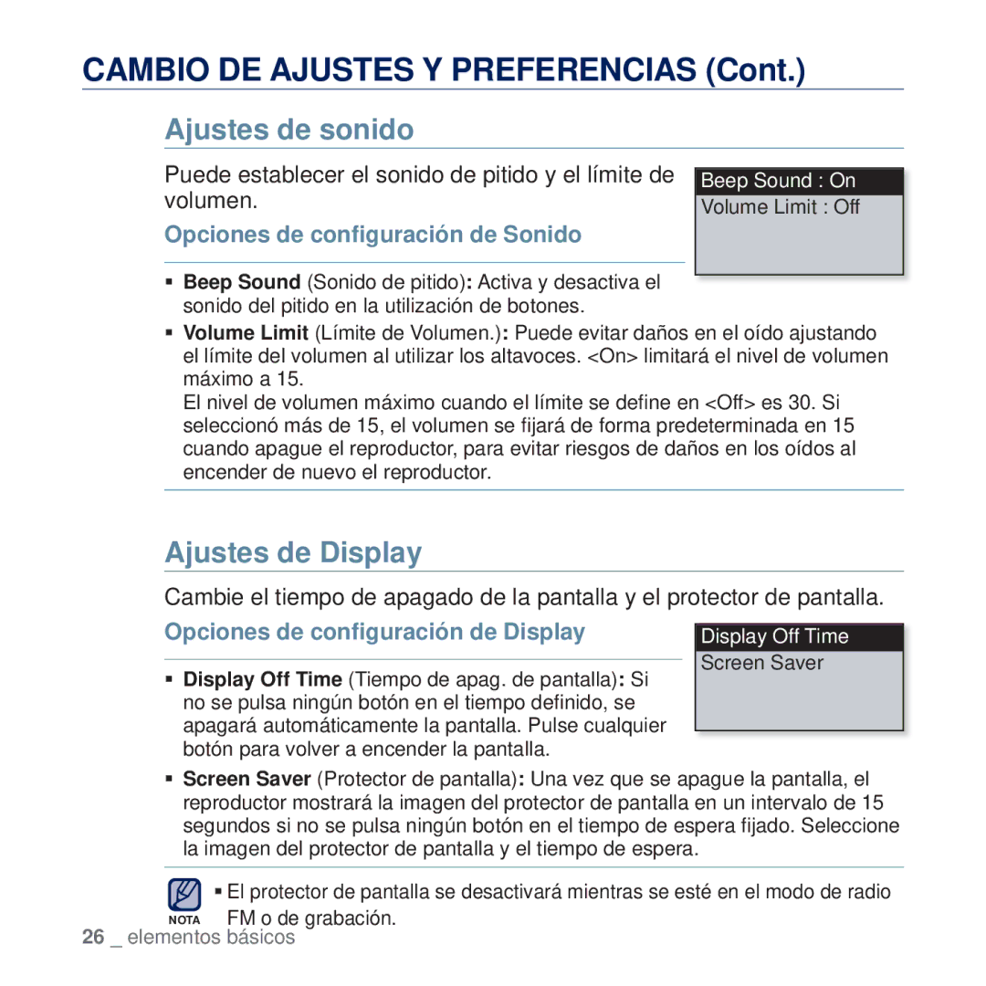 Samsung YP-U5JAB/XEE Ajustes de sonido, Ajustes de Display, Puede establecer el sonido de pitido y el límite de volumen 