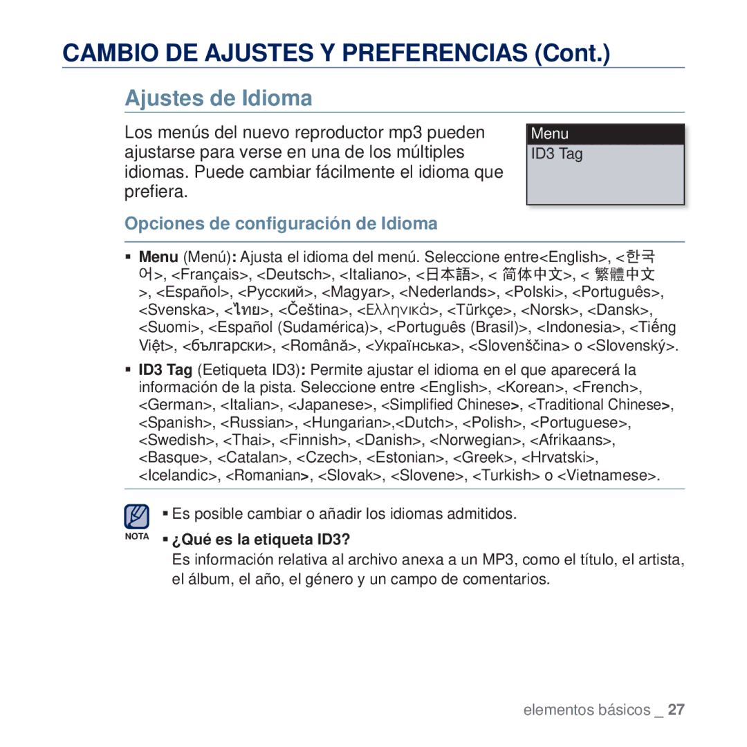 Samsung YP-U5JAL/XEE, YP-U5JAP/EDC, YP-U5JQB/EDC, YP-U5JAB/EDC manual Ajustes de Idioma, Opciones de conﬁguración de Idioma 