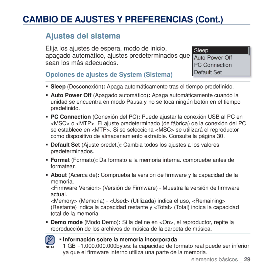 Samsung YP-U5JAR/XEE, YP-U5JAP/EDC, YP-U5JQB/EDC, YP-U5JAB/EDC Ajustes del sistema, Opciones de ajustes de System Sistema 