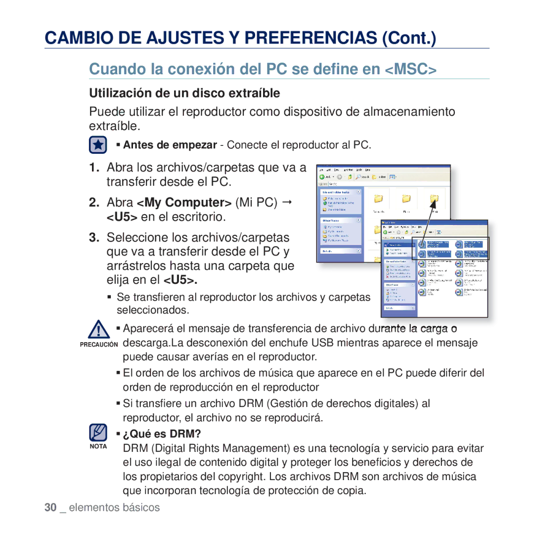 Samsung YP-U5JAW/XEE, YP-U5JAP/EDC manual Cuando la conexión del PC se deﬁne en MSC, Utilización de un disco extraíble 