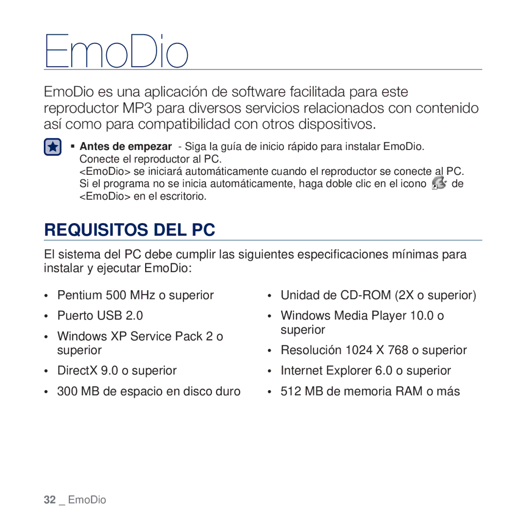 Samsung YP-U5JAP/EDC, YP-U5JQB/EDC, YP-U5JAB/EDC, YP-U5JAW/EDC, YP-U5JAL/EDC, YP-U5JAR/EDC manual EmoDio, Requisitos DEL PC 