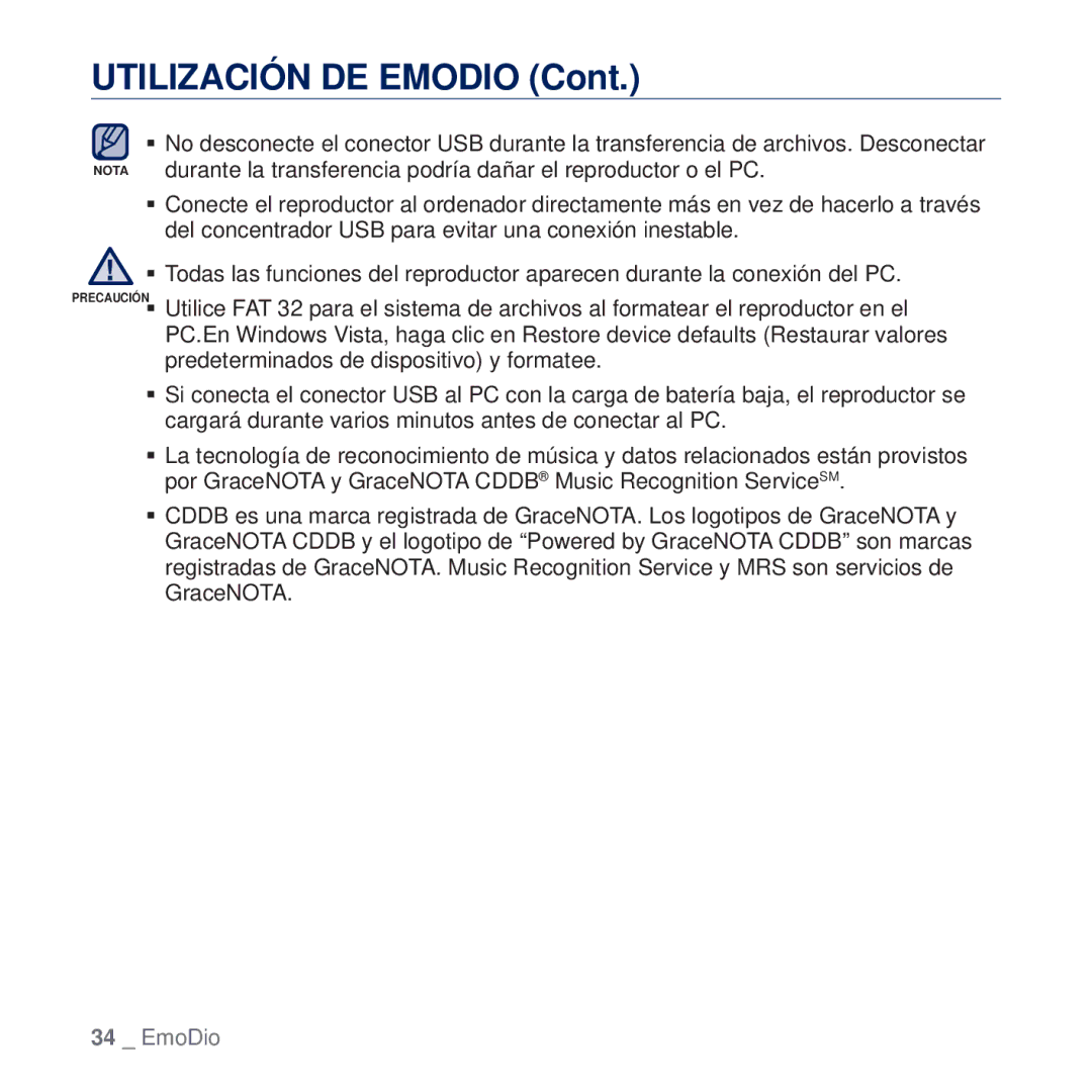 Samsung YP-U5JAB/EDC, YP-U5JAP/EDC, YP-U5JQB/EDC, YP-U5JAW/EDC, YP-U5JAL/EDC, YP-U5JAR/EDC, YP-U5JQR/XEE Utilización DE Emodio 