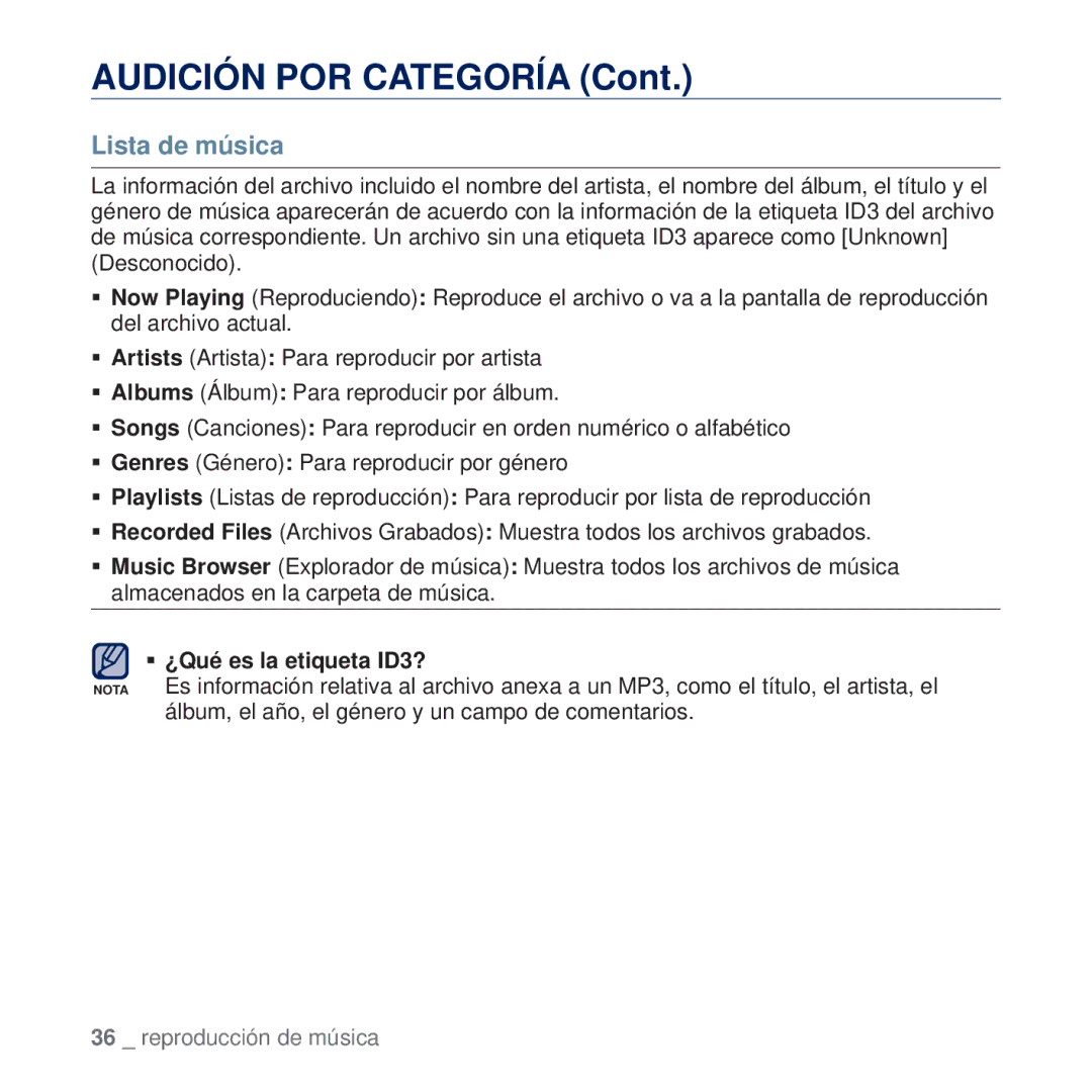 Samsung YP-U5JAL/EDC, YP-U5JAP/EDC, YP-U5JQB/EDC, YP-U5JAB/EDC, YP-U5JAW/EDC manual Audición POR Categoría, Lista de música 