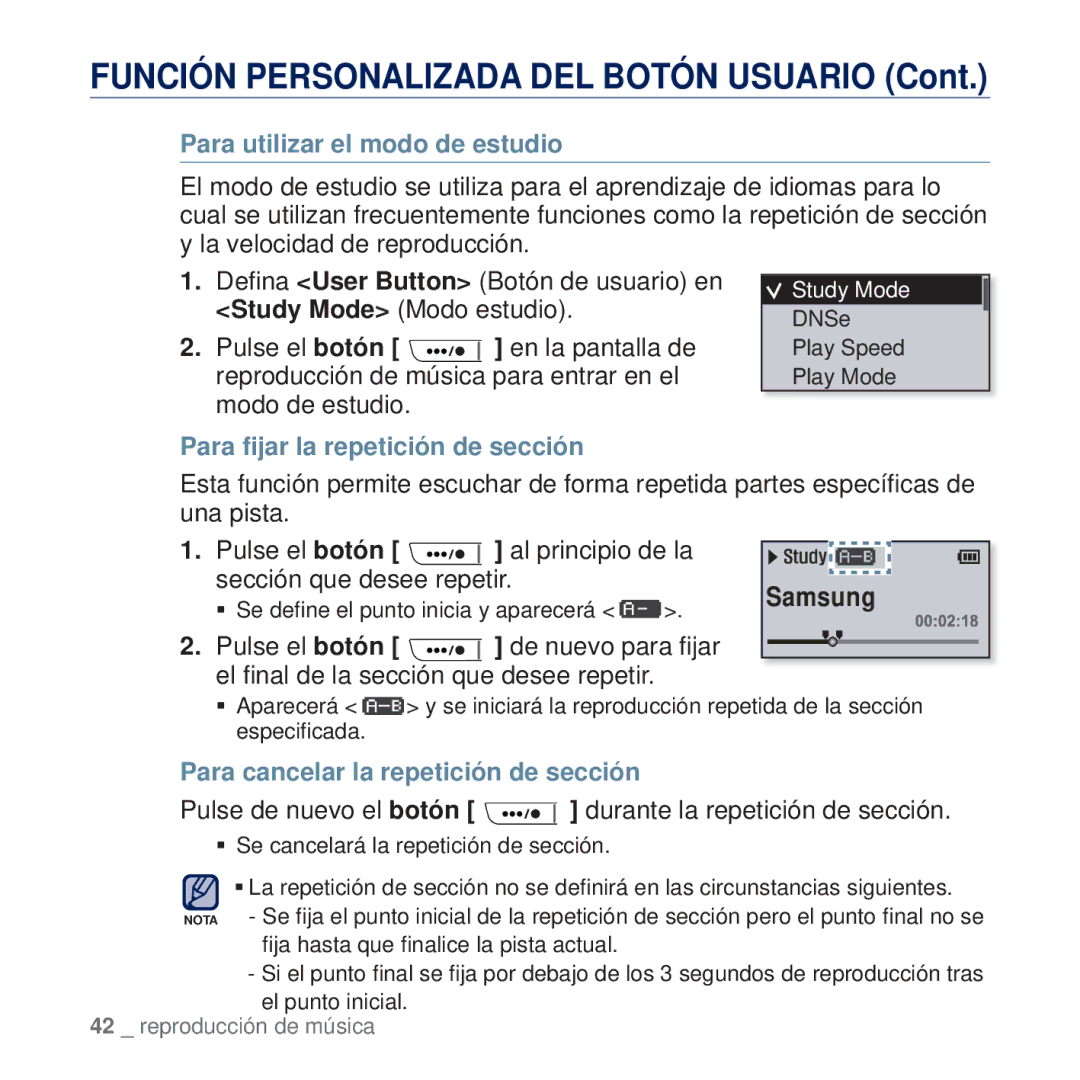 Samsung YP-U5JAB/XEE, YP-U5JAP/EDC, YP-U5JQB/EDC Función Personalizada DEL Botón Usuario, Para utilizar el modo de estudio 