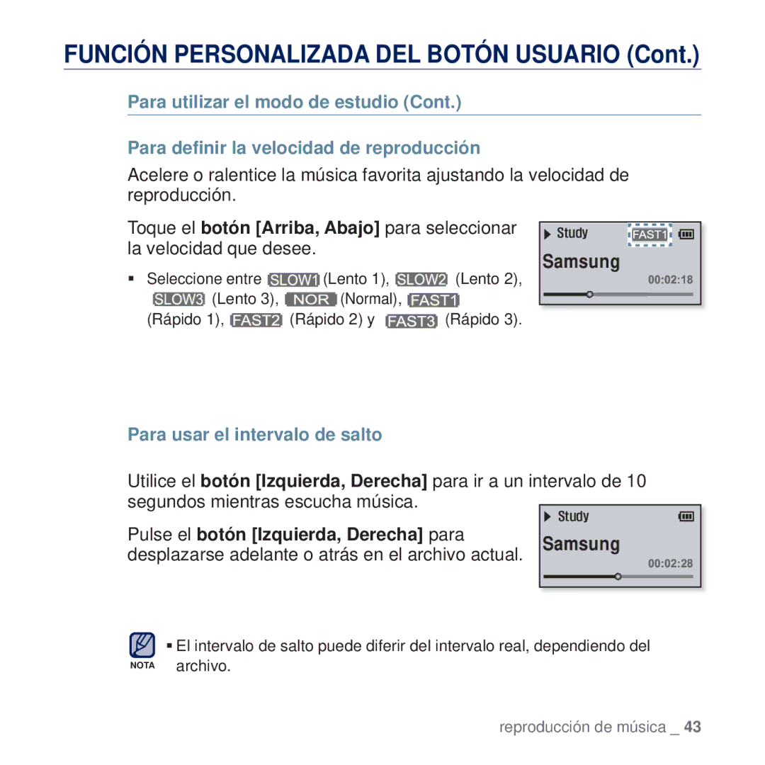 Samsung YP-U5JAL/XEE, YP-U5JAP/EDC, YP-U5JQB/EDC Para usar el intervalo de salto, Pulse el botón Izquierda, Derecha para 