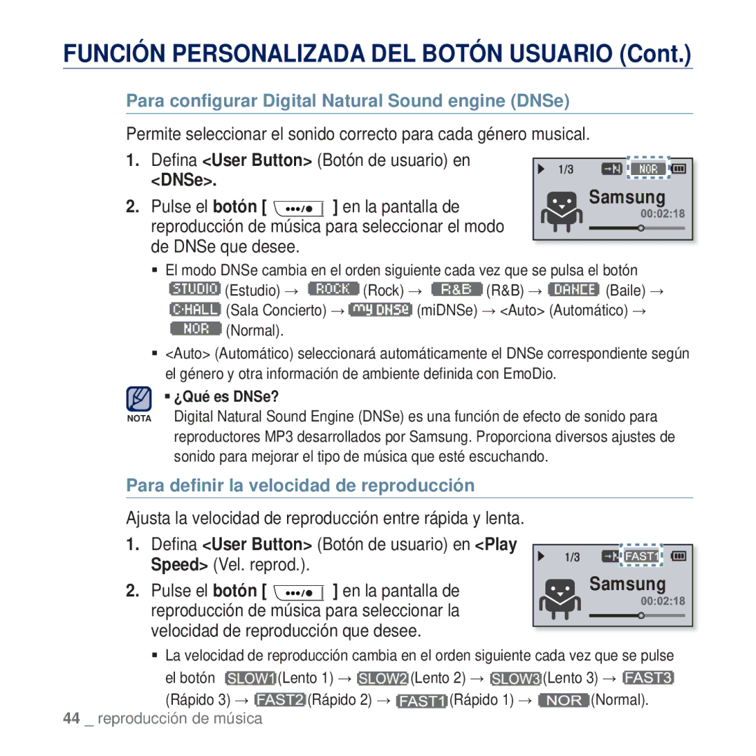 Samsung YP-U5JQP/XEE, YP-U5JAP/EDC, YP-U5JQB/EDC, YP-U5JAB/EDC, YP-U5JAW/EDC Para conﬁgurar Digital Natural Sound engine DNSe 