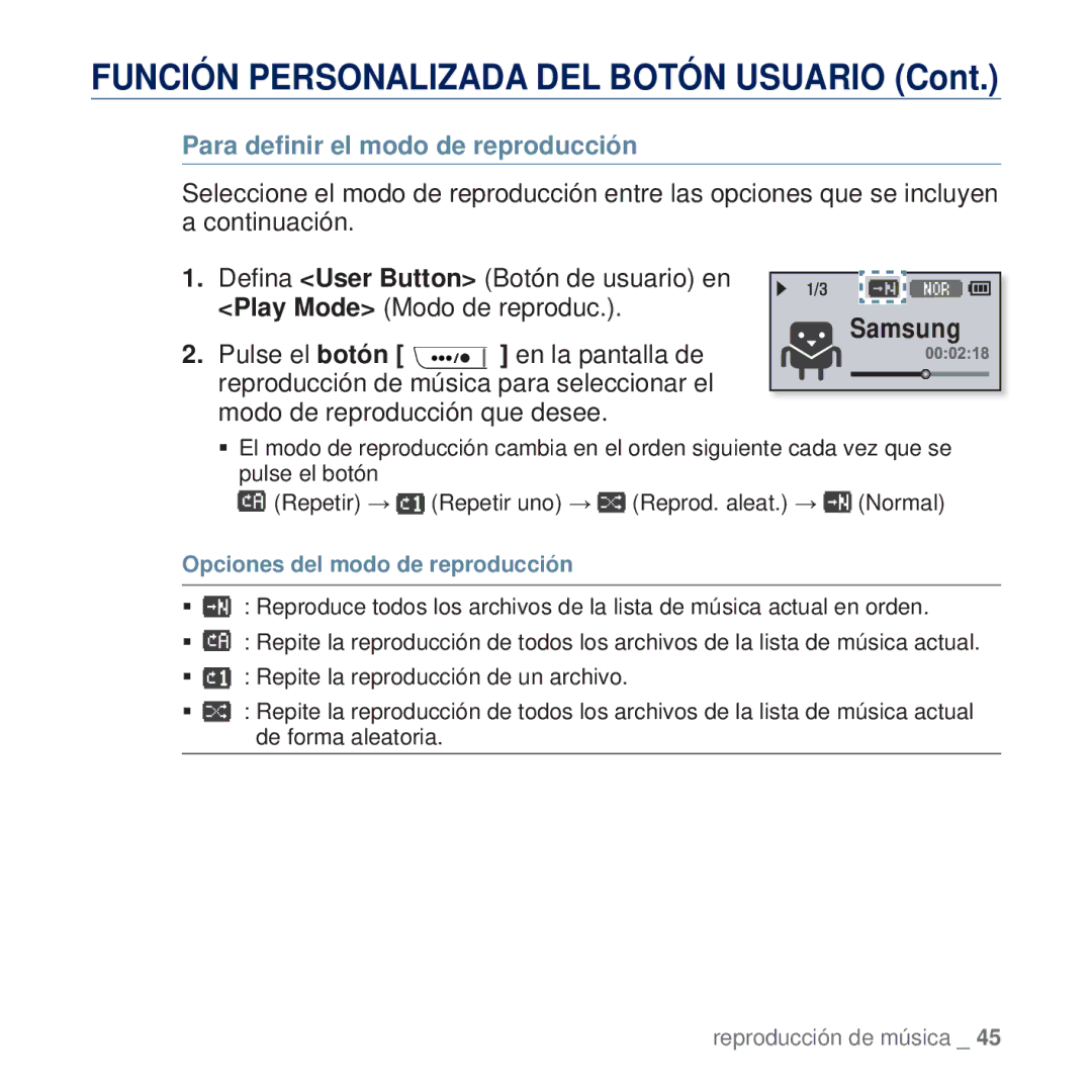 Samsung YP-U5JAR/XEE, YP-U5JAP/EDC, YP-U5JQB/EDC Para deﬁnir el modo de reproducción, Opciones del modo de reproducción 