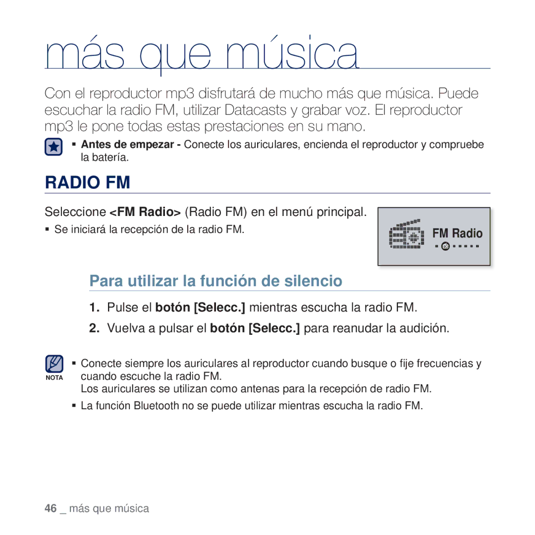 Samsung YP-U5JAW/XEE manual Para utilizar la función de silencio, Seleccione FM Radio Radio FM en el menú principal 