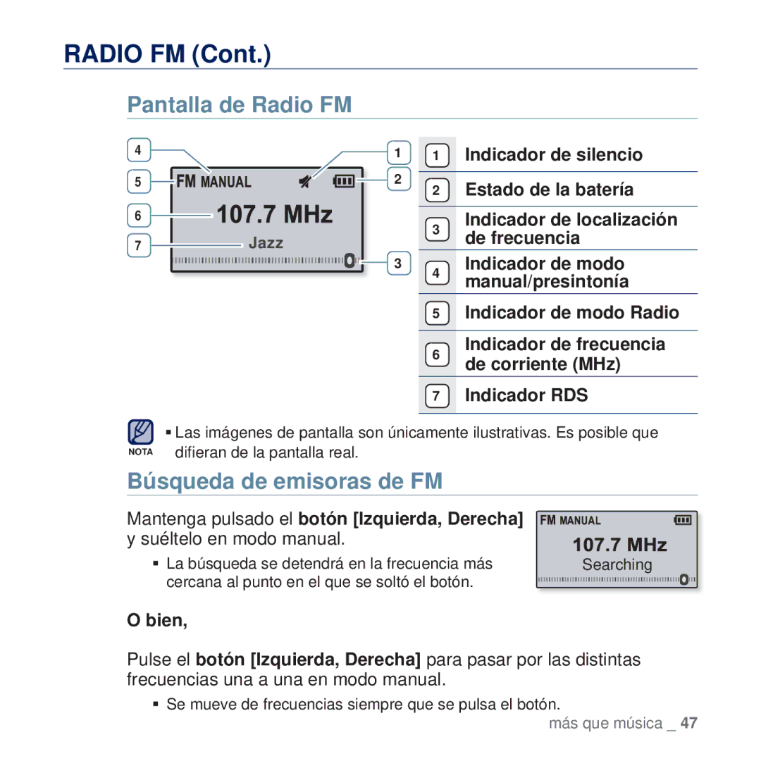 Samsung YP-U5JQW/XEE, YP-U5JAP/EDC, YP-U5JQB/EDC, YP-U5JAB/EDC manual Pantalla de Radio FM, Búsqueda de emisoras de FM 