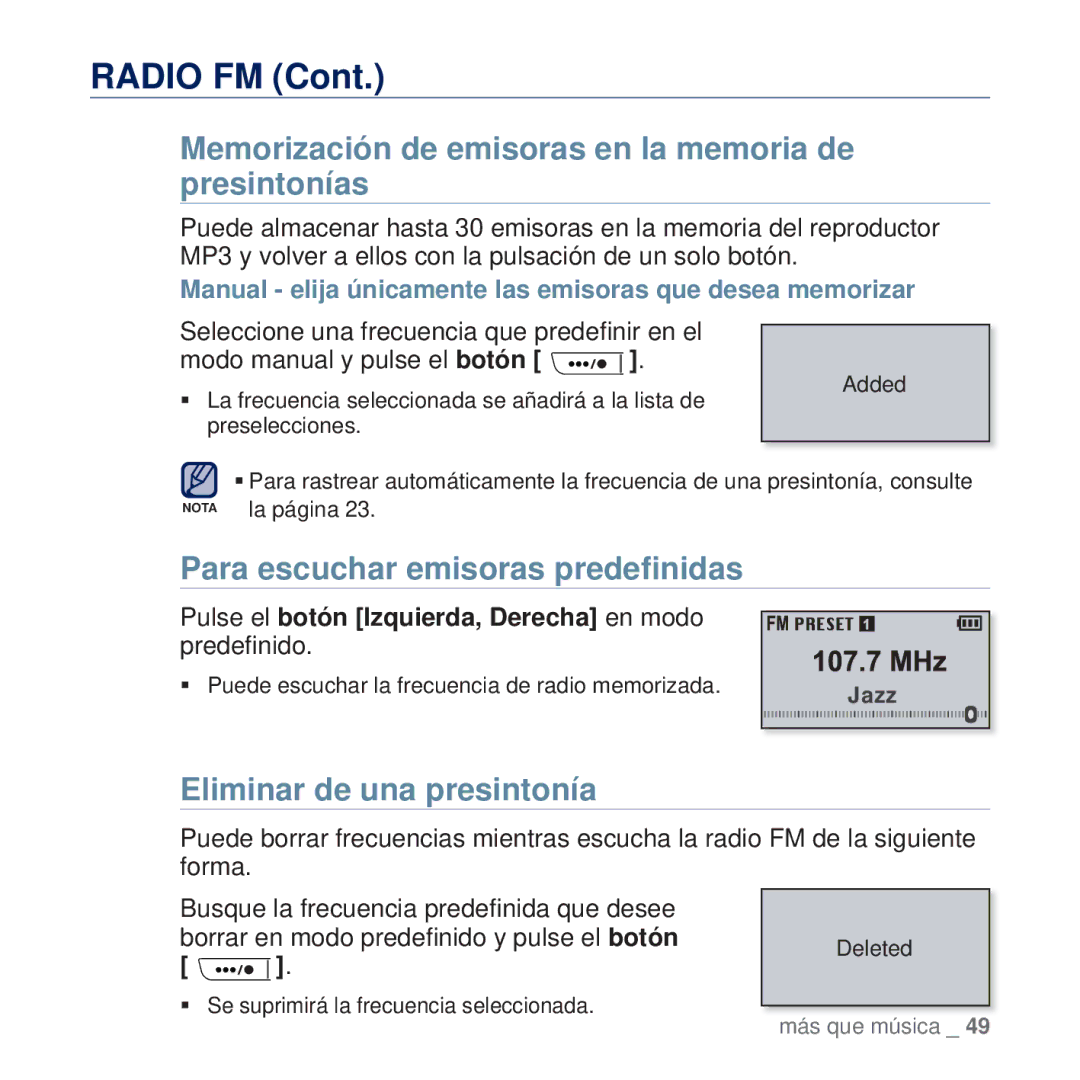 Samsung YP-U5JQB/EDC manual Memorización de emisoras en la memoria de presintonías, Para escuchar emisoras predeﬁnidas 