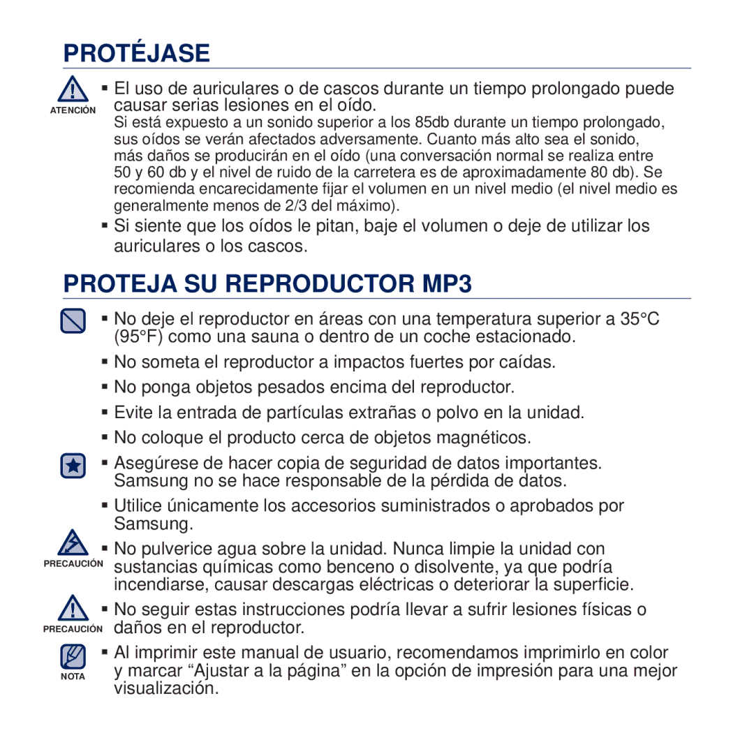 Samsung YP-U5JAR/EDC, YP-U5JAP/EDC, YP-U5JQB/EDC, YP-U5JAB/EDC, YP-U5JAW/EDC manual Proteja SU Reproductor MP3, Visualización 