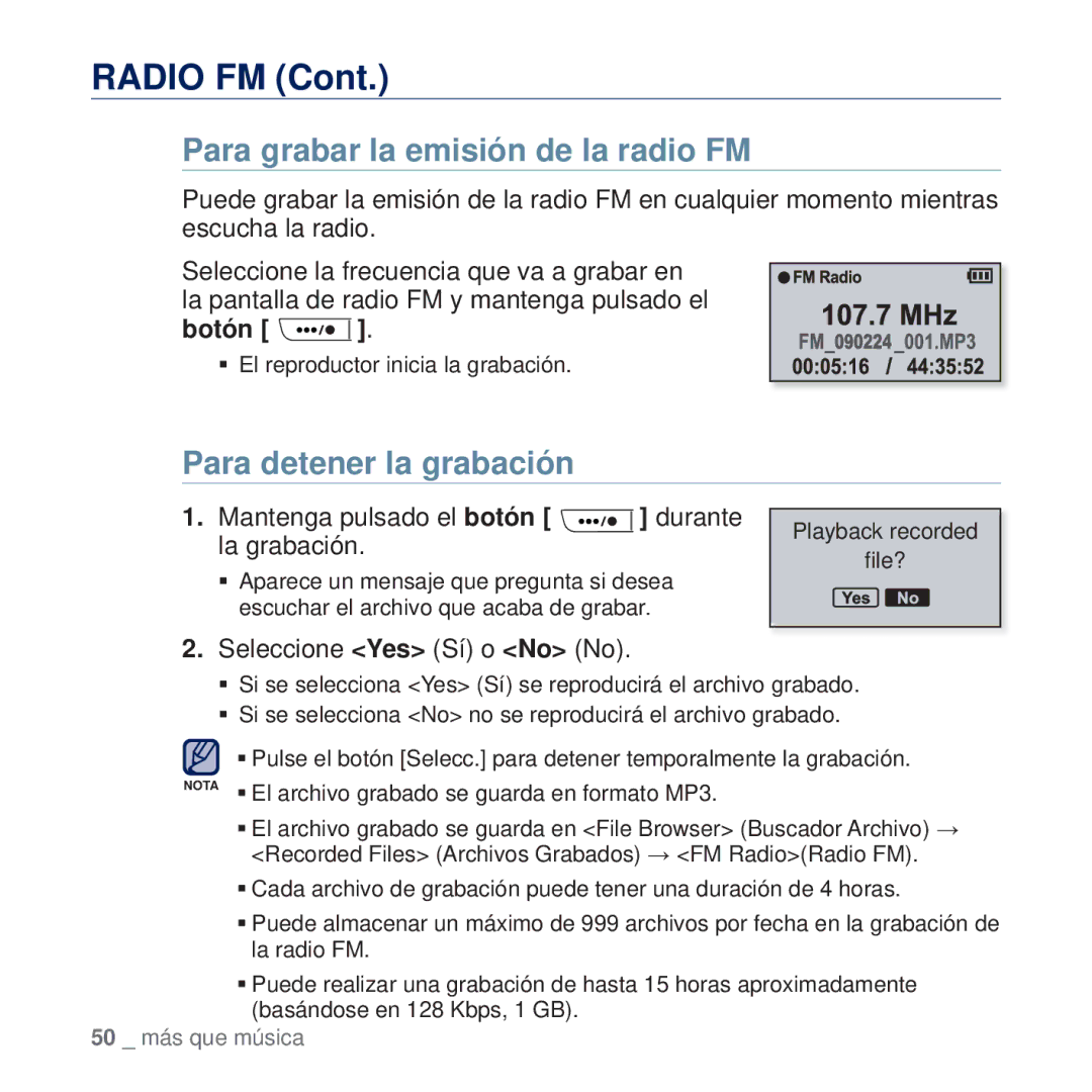 Samsung YP-U5JAB/EDC Para grabar la emisión de la radio FM, Para detener la grabación, Botón, Seleccione Yes Sí o No No 