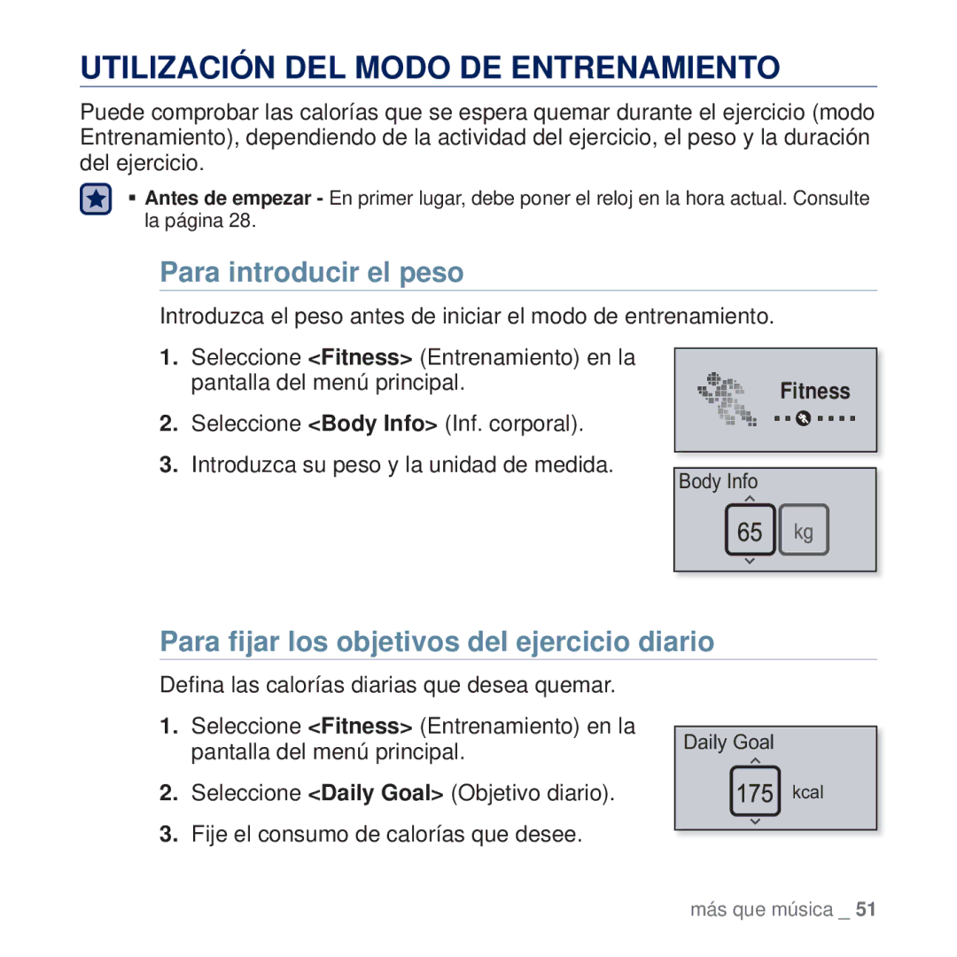 Samsung YP-U5JAW/EDC, YP-U5JAP/EDC, YP-U5JQB/EDC manual Utilización DEL Modo DE Entrenamiento, Para introducir el peso 