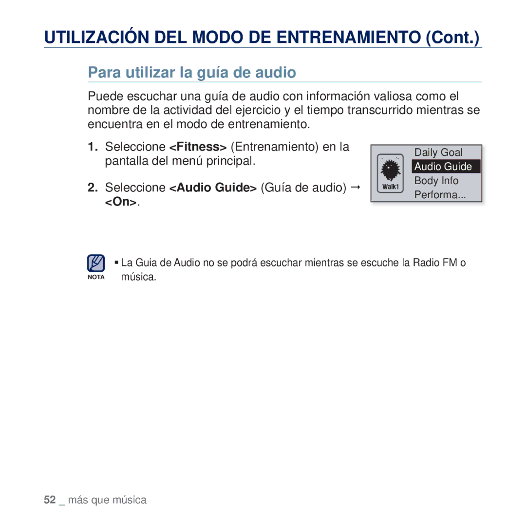 Samsung YP-U5JAL/EDC, YP-U5JAP/EDC, YP-U5JQB/EDC manual Utilización DEL Modo DE Entrenamiento, Para utilizar la guía de audio 