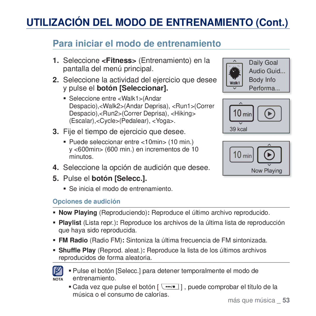 Samsung YP-U5JAR/EDC Para iniciar el modo de entrenamiento, Fije el tiempo de ejercicio que desee, Pulse el botón Selecc 