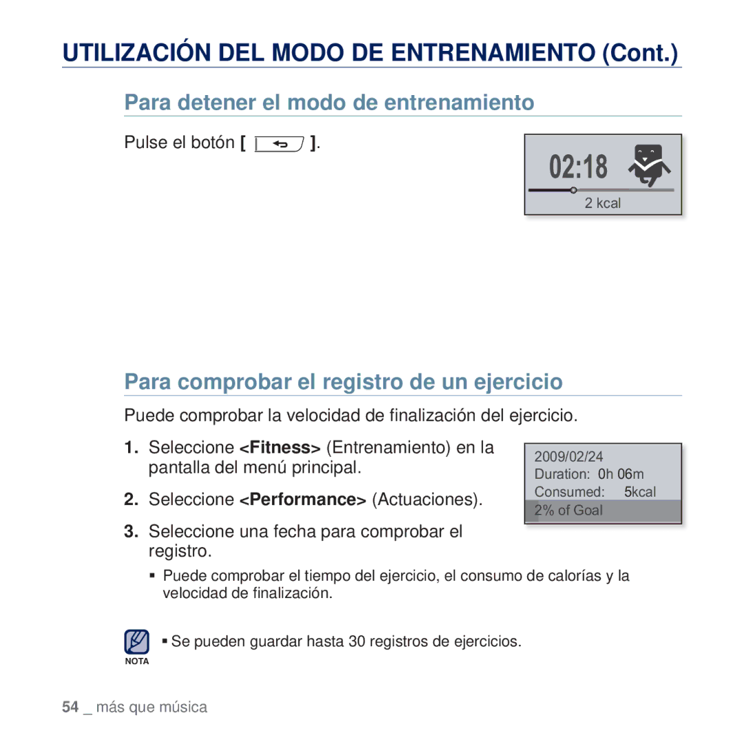 Samsung YP-U5JQR/XEE Para detener el modo de entrenamiento, Para comprobar el registro de un ejercicio, Pulse el botón 