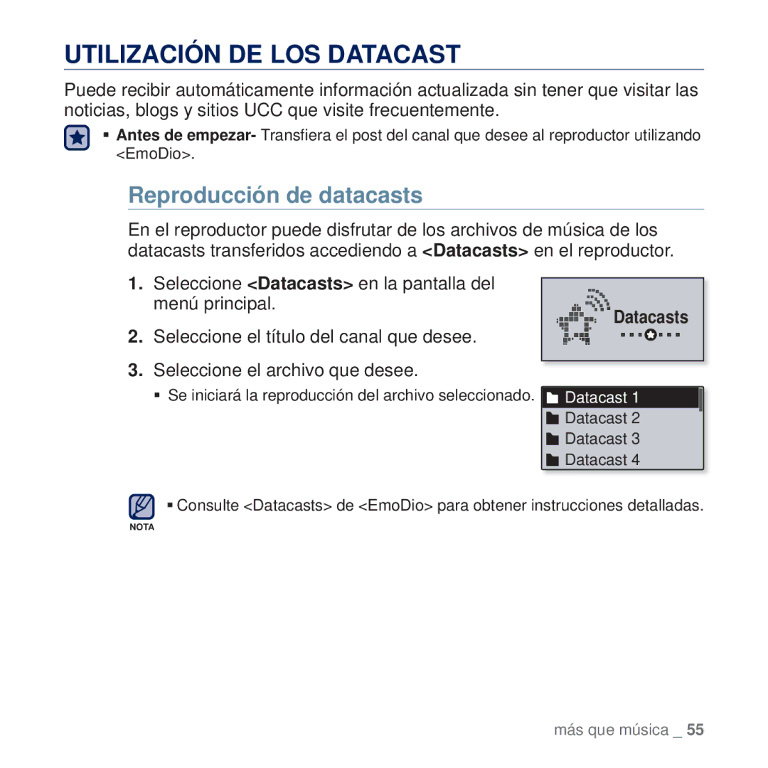 Samsung YP-U5JQL/XEE, YP-U5JAP/EDC, YP-U5JQB/EDC, YP-U5JAB/EDC manual Utilización DE LOS Datacast, Reproducción de datacasts 