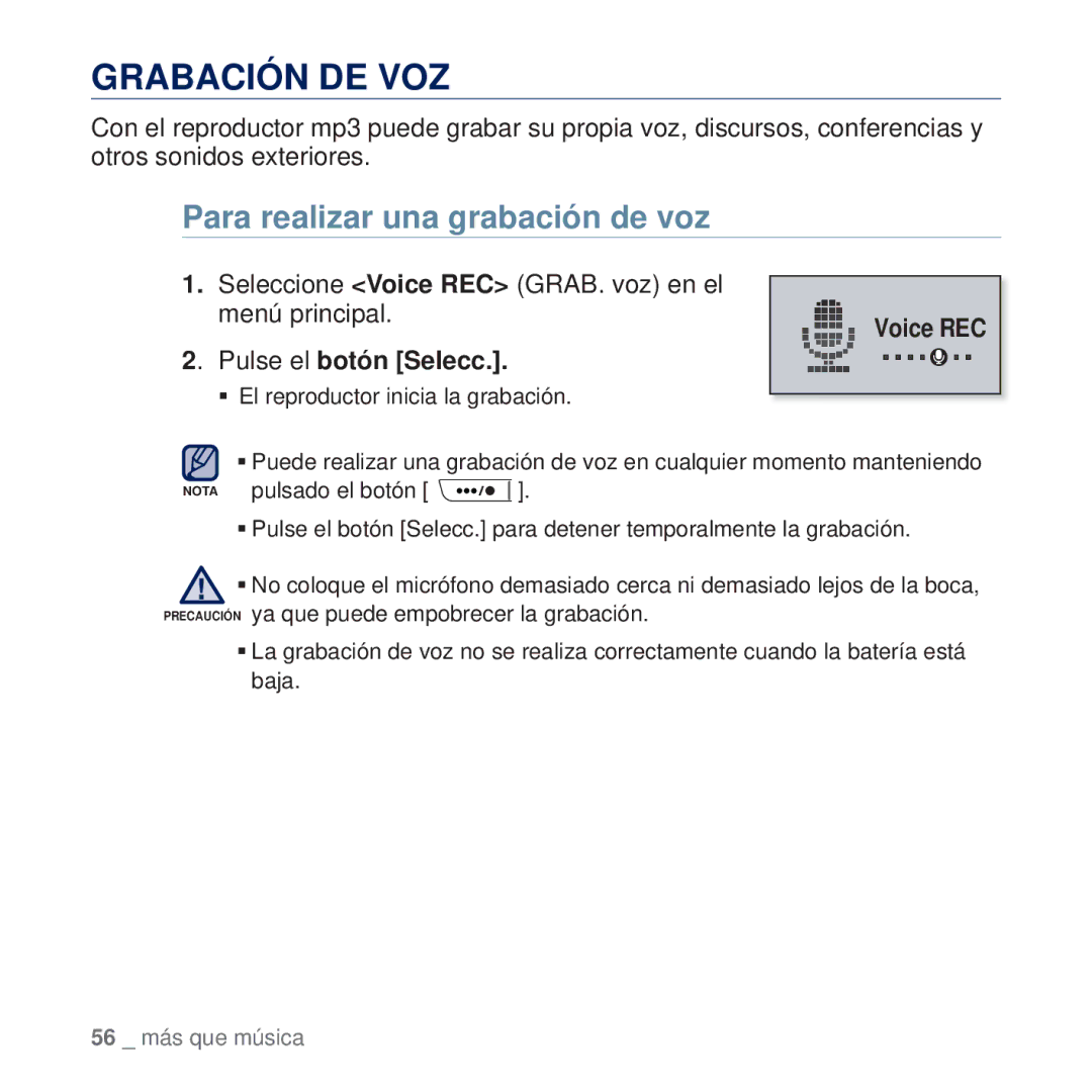 Samsung YP-U5JQB/XEE, YP-U5JAP/EDC, YP-U5JQB/EDC, YP-U5JAB/EDC manual Grabación DE VOZ, Para realizar una grabación de voz 