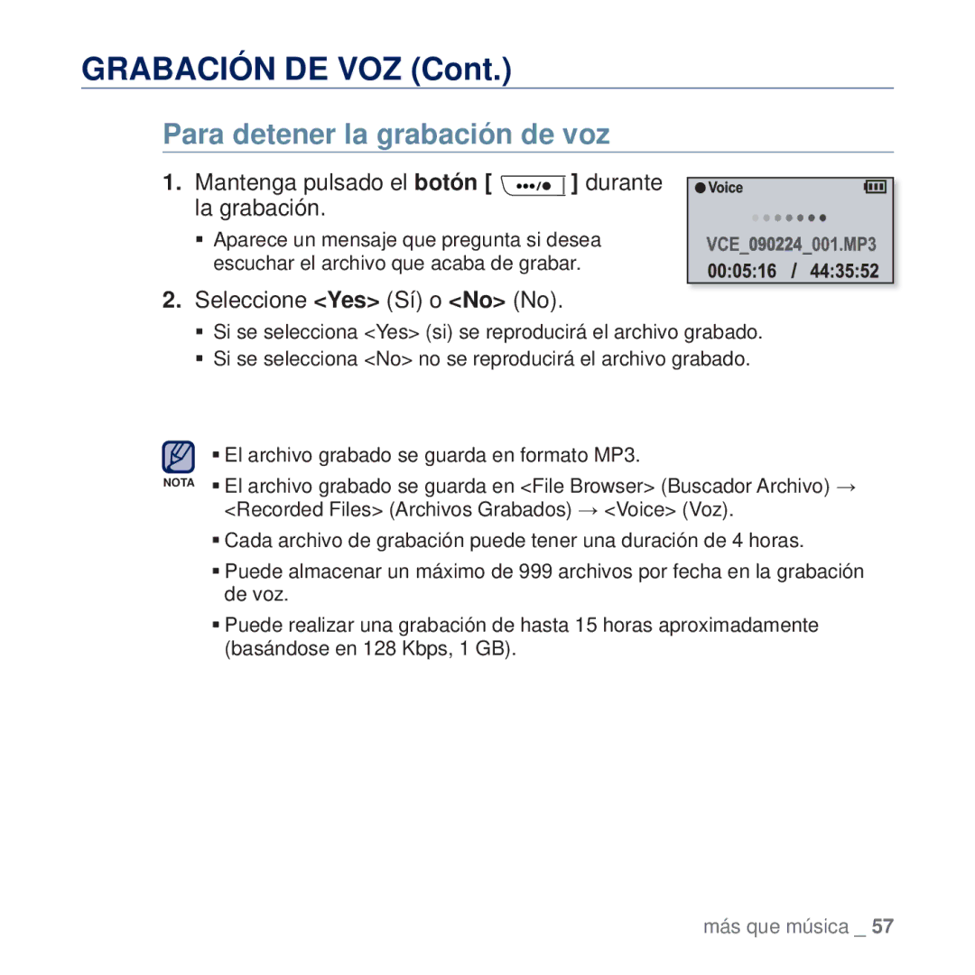 Samsung YP-U5JAP/XEE, YP-U5JAP/EDC, YP-U5JQB/EDC, YP-U5JAB/EDC manual Grabación DE VOZ, Para detener la grabación de voz 