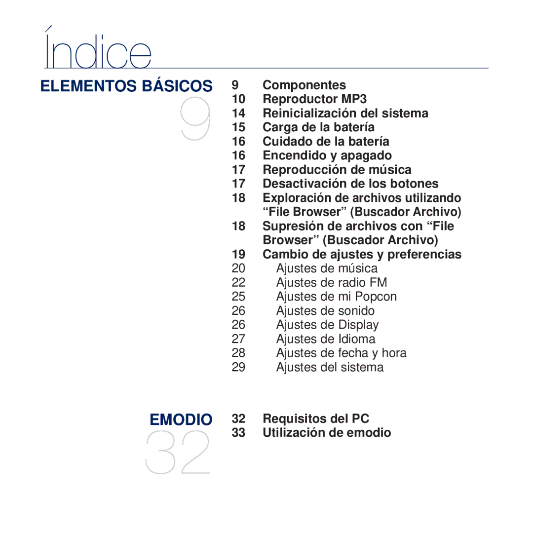 Samsung YP-U5JQR/XEE Componentes, Reproductor MP3, Reinicialización del sistema, Carga de la batería, Encendido y apagado 